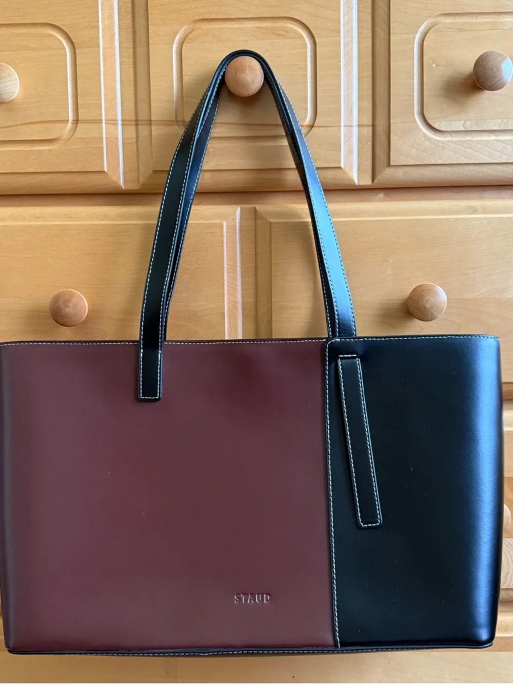 STAUD Two-Panel Leather Tote in Burgundy and Black - Picture 1 of 7